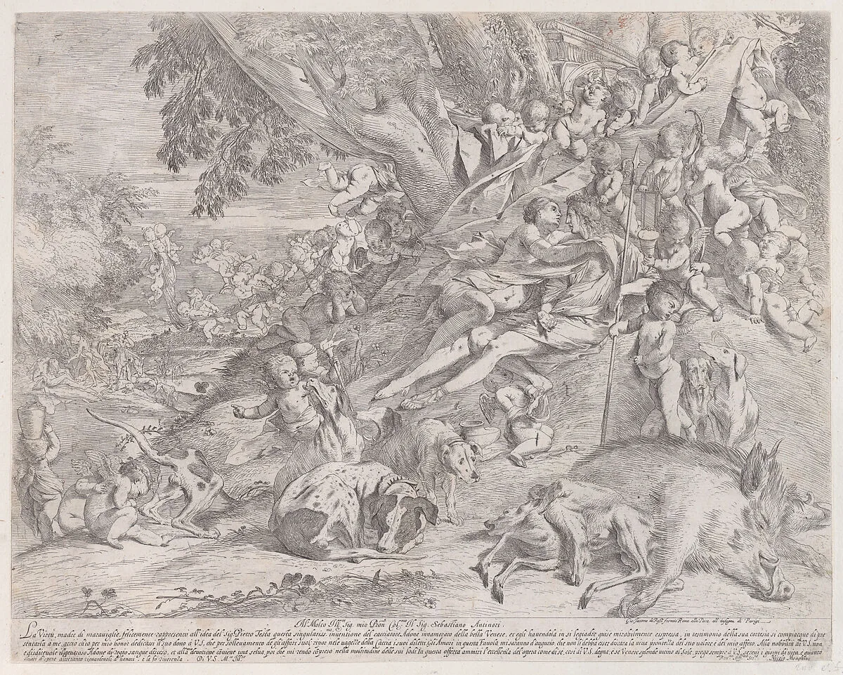 Venus and Adonis, surrounded by many putti, reclining after the hunt, with a dead boar in the lower right — Pietro Testa|Giovanni Giacomo De Rossi