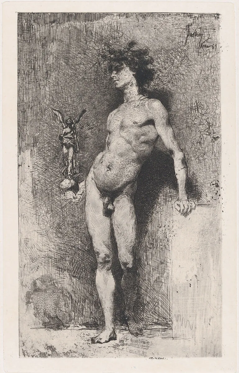 Victory: a naked youth standing facing left holding a statue of winged Victory in his right hand — Mariano Fortuny, 1838–1874