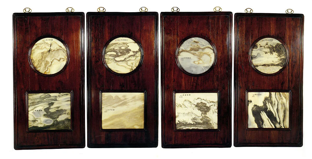 清 雲石山水掛屏|Wall panel with stone paintings — Unknown