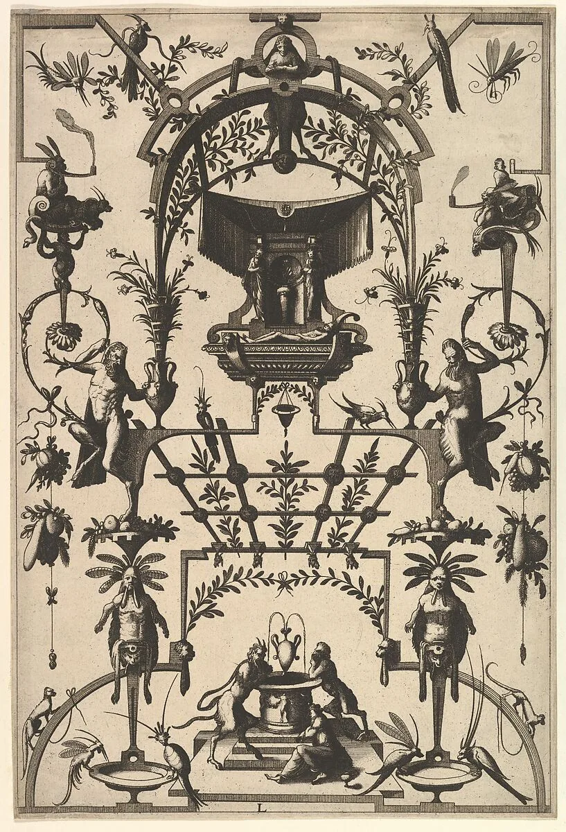 Surface Decoration, Grotesque with Strapwork and Pergolas, Burial Scene above center from Veelderleij Veranderinghe van grotissen ende Compertimenten...Libro Primo — Johannes van Doetecum I|Lucas van Doetecum|Cornelis Floris II