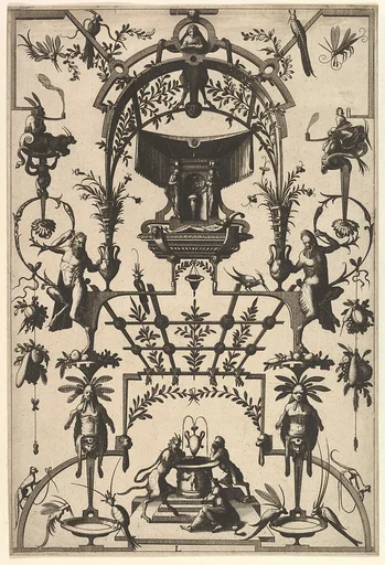 Surface Decoration, Grotesque with Strapwork and Pergolas, Burial Scene above center from Veelderleij Veranderinghe van grotissen ende Compertimenten...Libro Primo