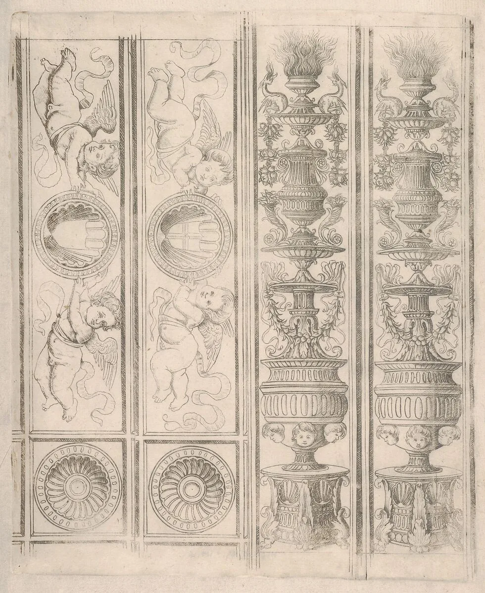 Sheet of border segments: two candelabra and two horizontal pieces with putti, two corners, from Life of the Virgin and Christ — Francesco Rosselli