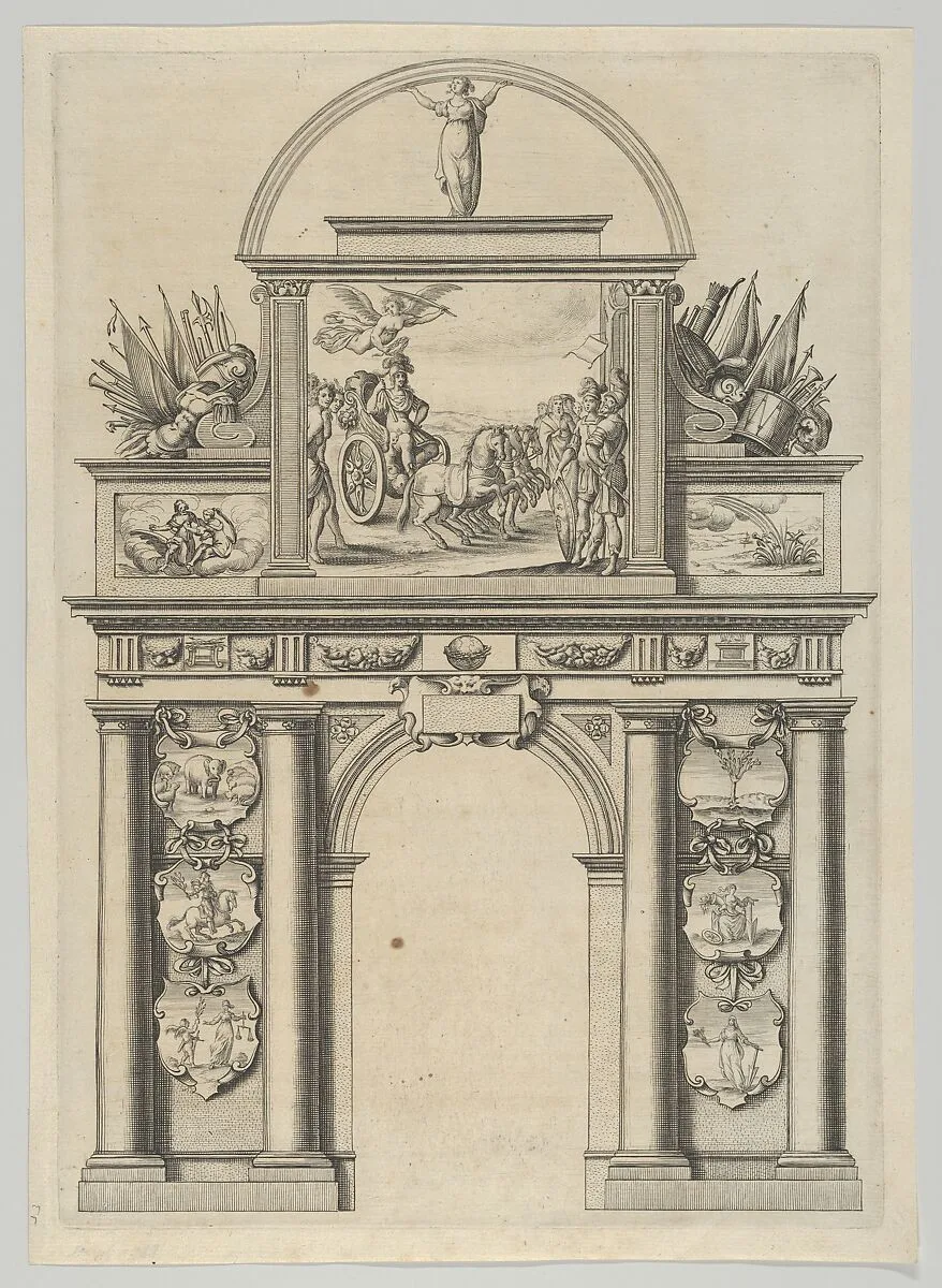 Triumphal arch, from 'Éloges et discours sur la triomphante réception du Roy en sa ville de Paris ...' by Jean-Baptiste de Machault — Abraham Bosse|Jean-Baptiste de Machault|Melchior Tavernier|Pierre Firens I