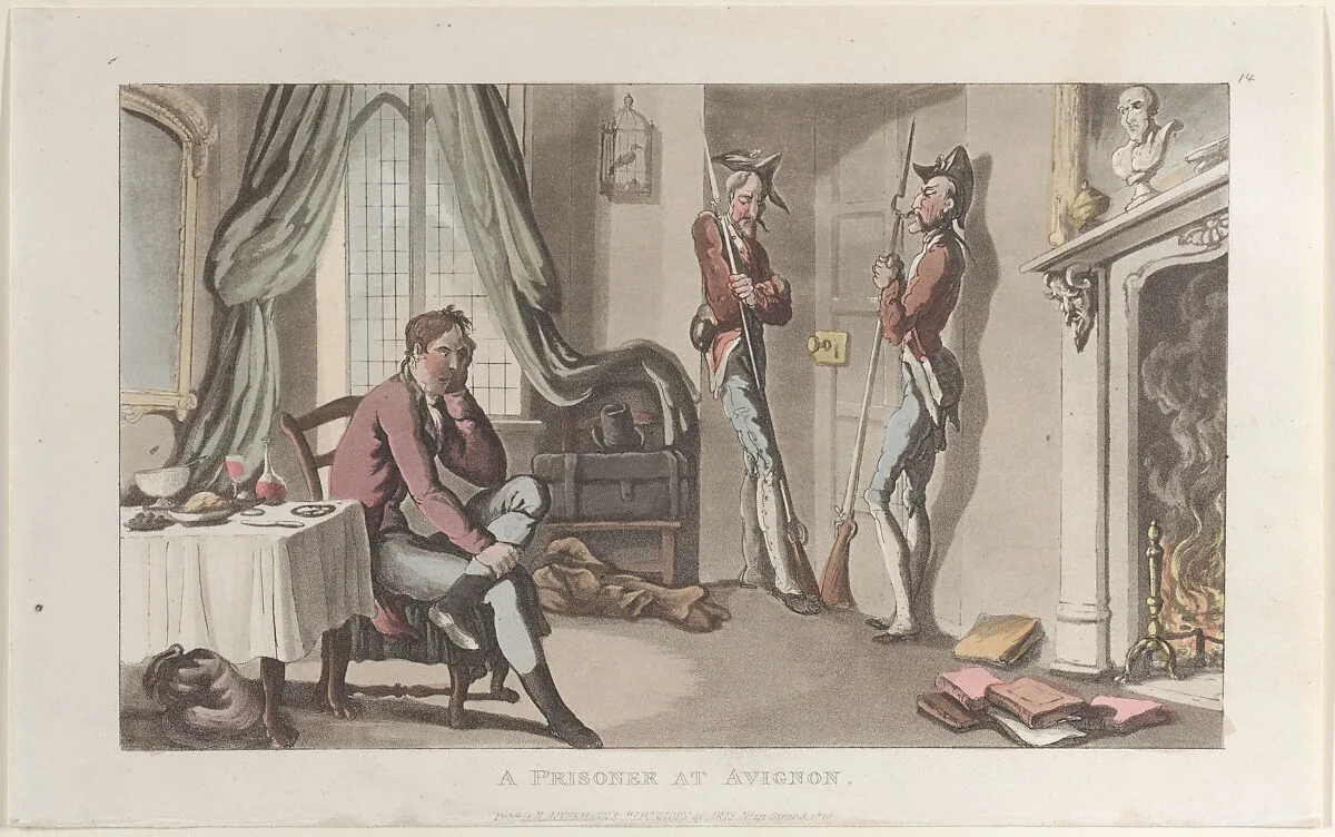 A Prisoner at Avignon, from "Journal of Sentimental Travels in the Southern Provinces of France, Shortly Before the Revolution" — Rudolph Ackermann, London|J. Diggens|William Combe|Thomas Rowlandson