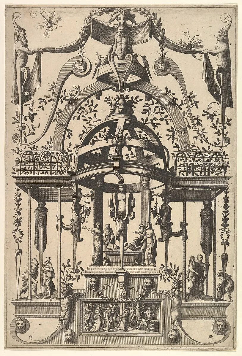 Surface Decoration, Grotesque with Strapwork, Burial Scene in the Tempietto, in the Bas Relief Esther before Ahasuerus from Veelderleij Veranderinghe van grotissen ende Compertimenten...Libro Primo — Cornelis Floris II|Johannes van Doetecum I|Lucas van Doetecum