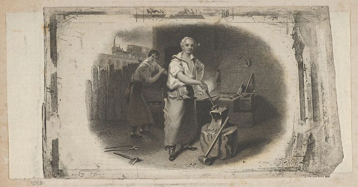 Banknote vignette with a blacksmith and forge — Asher Brown Durand|A. B. & C. Durand & Company|Durand, Perkins, and Company