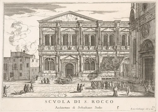 Plate 37: Side view of the school of St. Roch at left and view of facade of the church of St. Roch, Venice, 1703 from the series 'The buildings and views of Venice' (Le fabriche e vedute di Venezia)