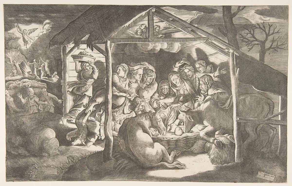 The adoration of the shepherds, various figures at night surround the Christ Child — Giulio Bonasone|Giulio Romano