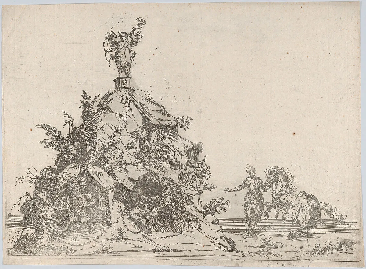 Rock formation with a blindfolded figure of cupid at top, two soldiers bound at the bottom, and a man with a horse to the right — Anonymous, German, 16th century