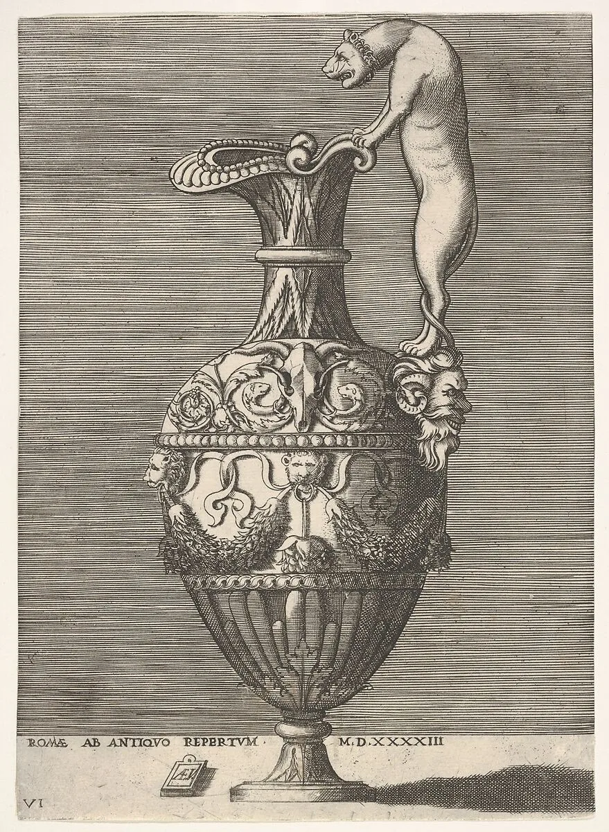 Antique Ewer with a Handle in the Shape of a Lioness, from Vases after the Antique — Enea Vico