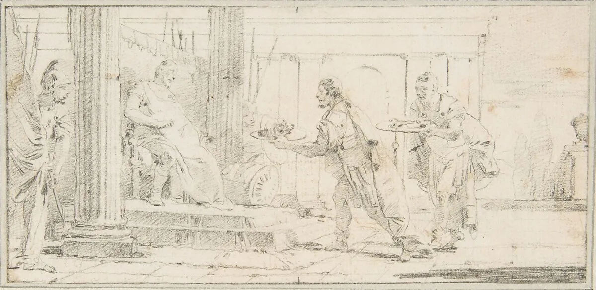 Illustration for a Book: Soldiers Offering the Decapitated Head of a Man and Keys to a General — Giovanni Battista Tiepolo