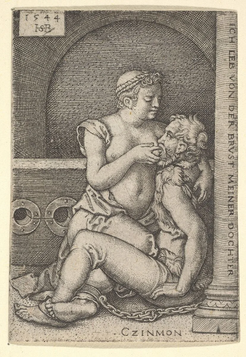 Cimon seated against a column at right, suckling from Pero who is kneeling next to him — Sebald Beham|Barthel Beham