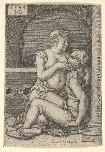 Cimon seated against a column at right, suckling from Pero who is kneeling next to him