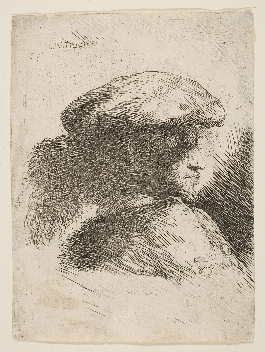 Man in profile facing right, wearing a fur hat, from "Small Heads in Oriental Headdress" — Giovanni Benedetto Castiglione (Il Grechetto)