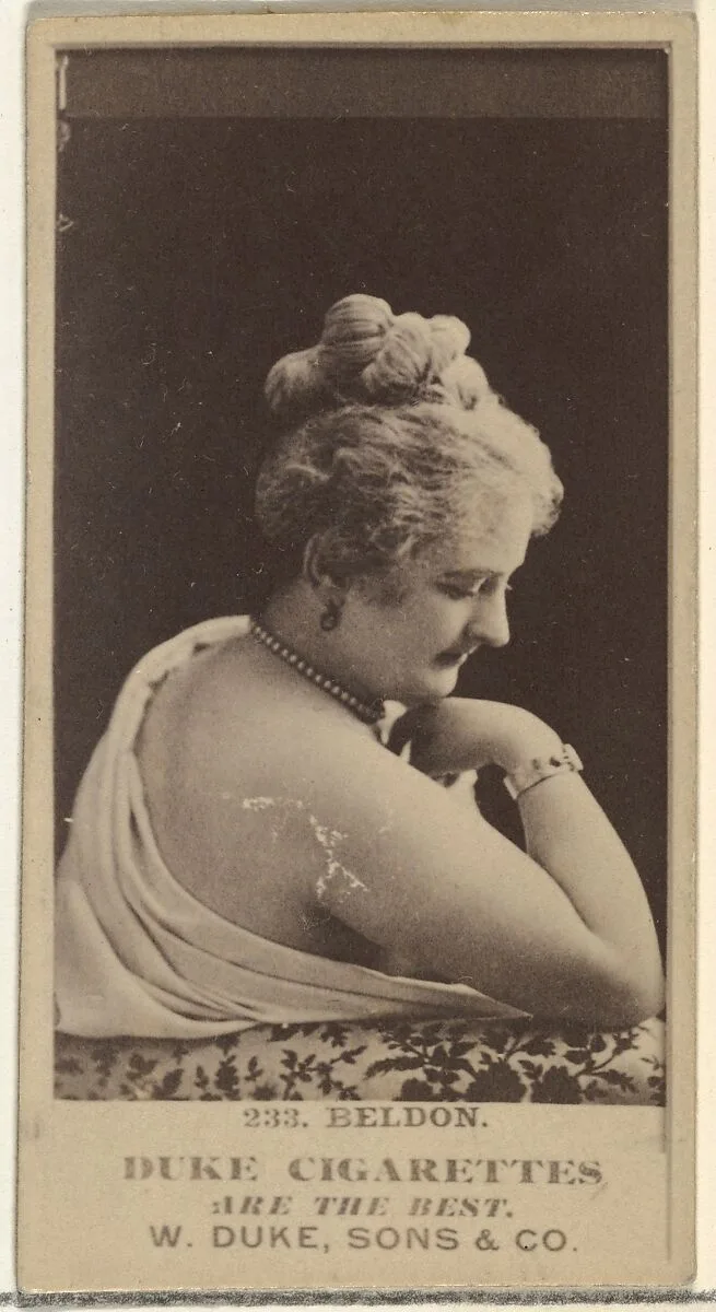 Card Number 233, Miss Beldon, from the Actors and Actresses series (N145-7) issued by Duke Sons & Co. to promote Duke Cigarettes — W. Duke, Sons & Co.