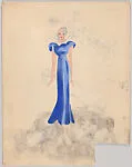 Drawing for a woman's theatrical costume: blue gown with white collar — Vincente Minnelli