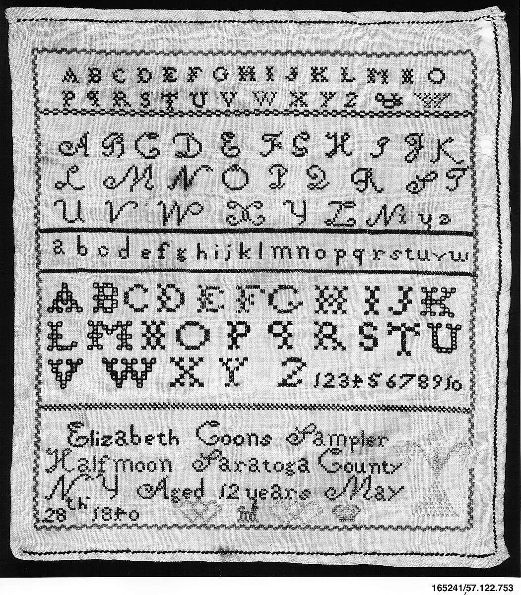 Embroidered sampler — Elizabeth Coons