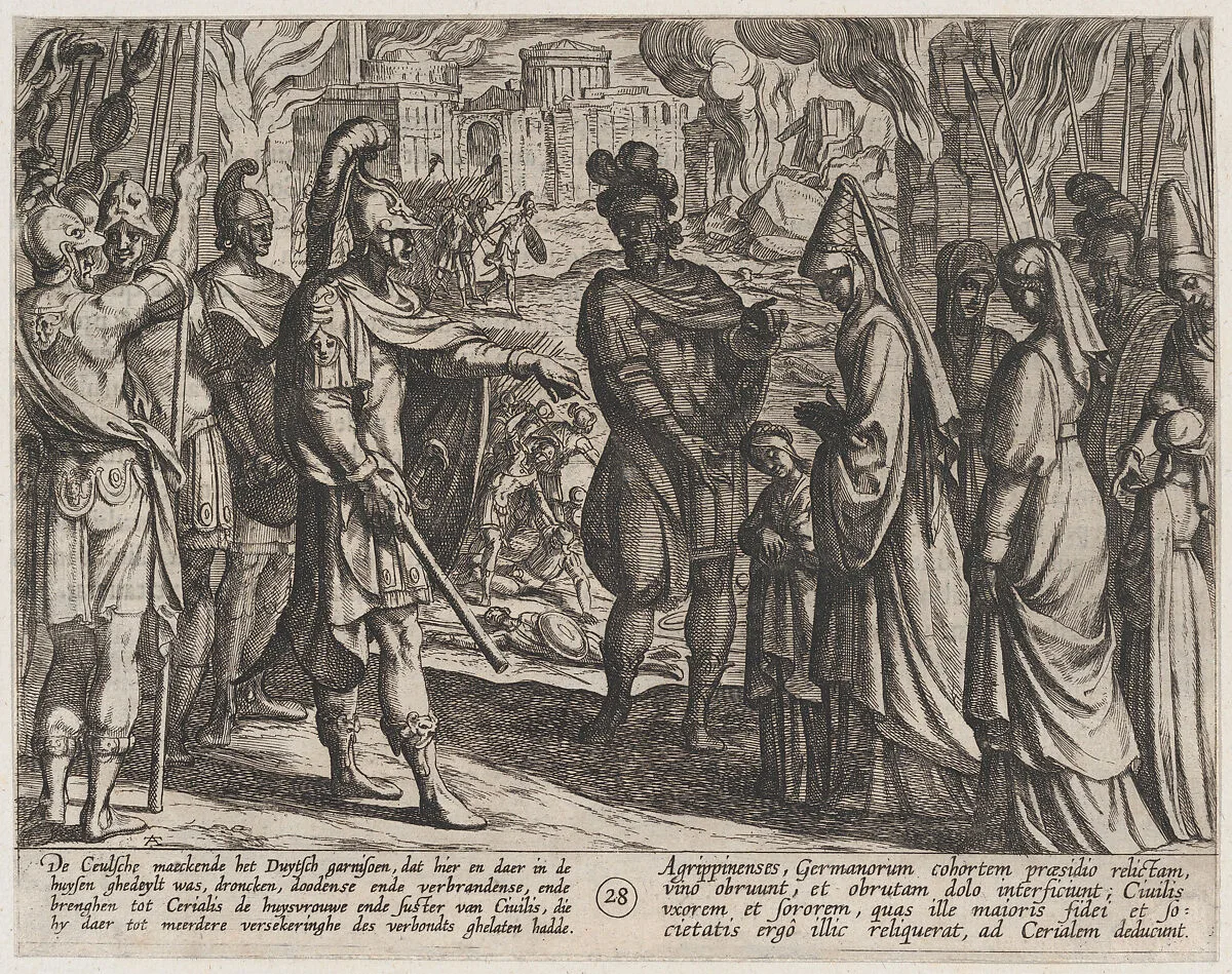 Plate 28: Cologne Troops Bring Civilis' Wife and Sister to Cerialis, from The War of the Romans Against the Batavians (Romanorvm et Batavorvm societas) — Antonio Tempesta|Otto van Veen