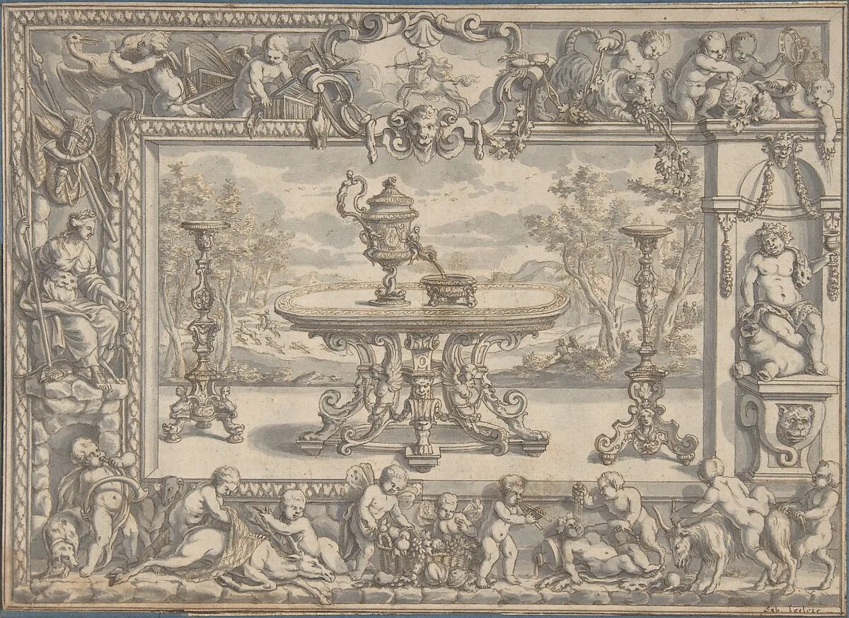 Design for an Ewer, table and candelabra within an ornamental frame — Abraham Drentwett the Elder