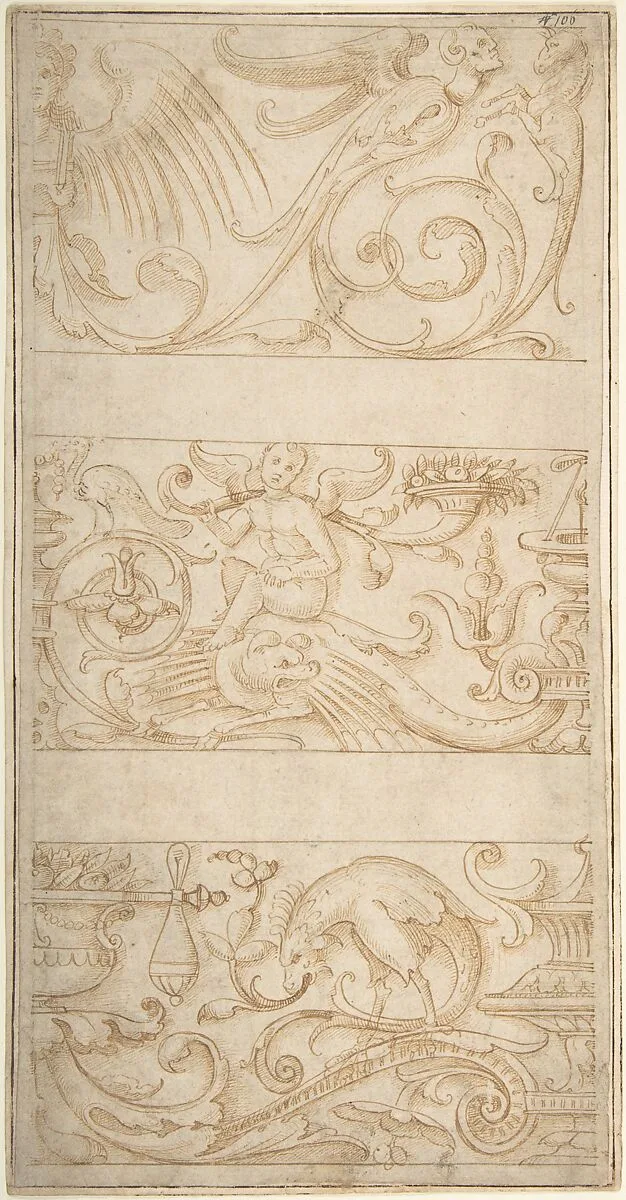 Antique-Style Ornamental Frieze Designs: Grotesques with Winged Infant, Masks, and Fantastic Animals — Anonymous, Italian, 16th century