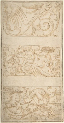 Antique-Style Ornamental Frieze Designs: Grotesques with Winged Infant, Masks, and Fantastic Animals