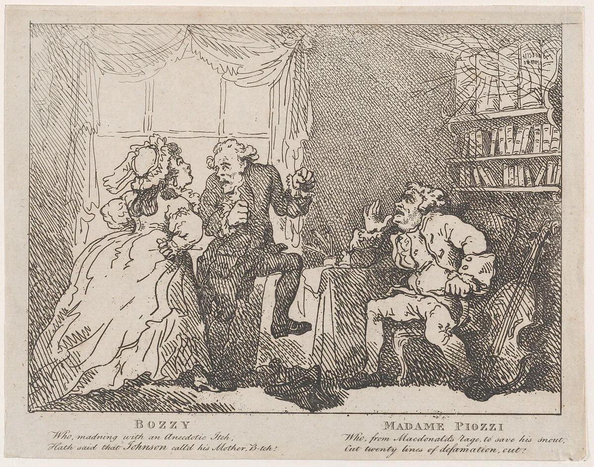 Bozzy and Madame Piozzi (Frontispiece, "Bozzy and Piozzi" by Peter Pindar) — George Kearsley|John Wolcot|Thomas Rowlandson