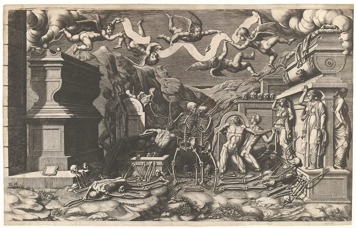The Vision of Ezekiel; a group of corpses and skeletons emerging out of tombs, above them five winged putti holding a banderole — Giorgio Ghisi|Giovanni Battista Bertano