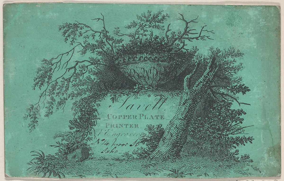 Trade Card for Savell, Copper Plate Printer — Anonymous, British, 18th century
