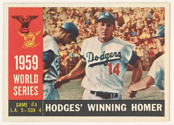 1959 World Series, Hodges' Winning Homer, from the "1956 Topps Regular Issue" series (R414-19), issued by Topps Chewing Gum Company. — Topps Chewing Gum Company