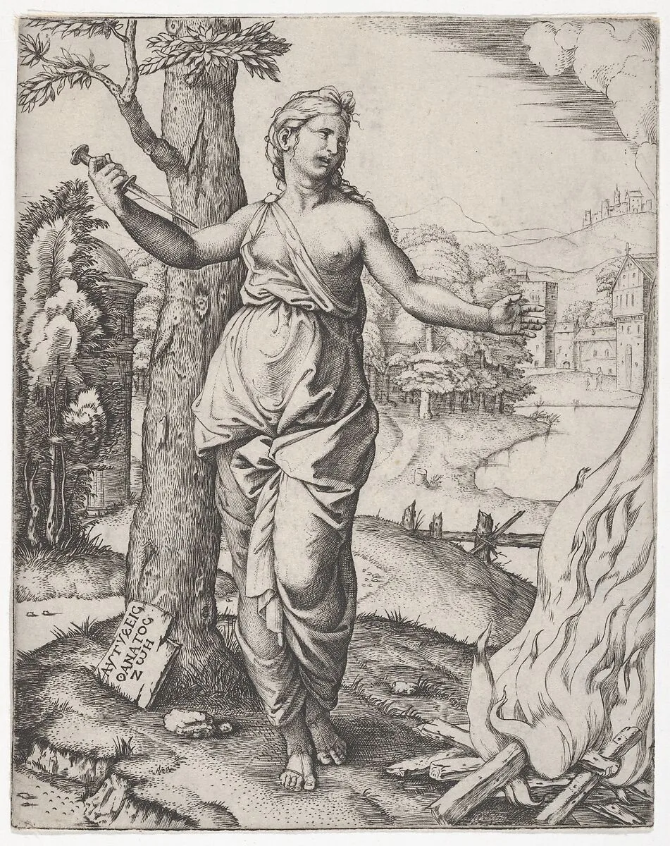 Dido holding a dagger in her right hand, left arm outstreched — Raphael (Raffaello Sanzio or Santi)|Marcantonio Raimondi