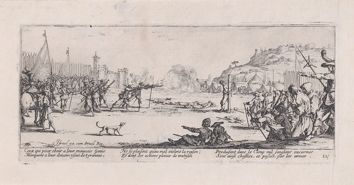 L'Arquebusade (The Shot the Arquebus), from Les Misères et les Mal-Heures de la Guerre (The Miseries and Misfortunes of War), plate 12 — Jacques Callot|Israël Henriet