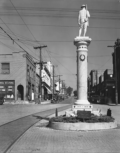 [View Down Main Street with World War I Monument in Foreground, Mt. Pleasant, Pennsylvania]