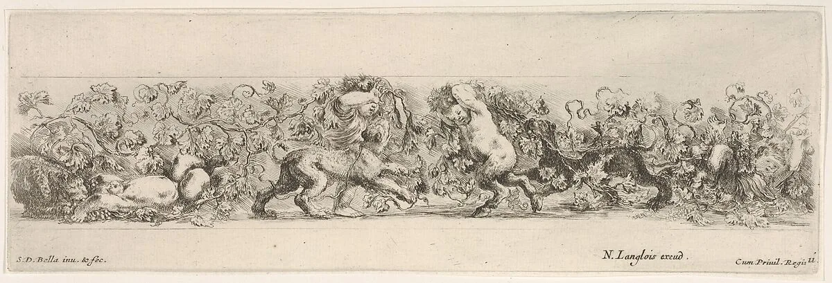 Design for a Frieze with Putti carrying a Vine and Three Felines, Plate 11 from: 'Decorative friezes and foliage' (Ornamenti di fregi e fogliami) — Stefano della Bella|Nicolas Langlois