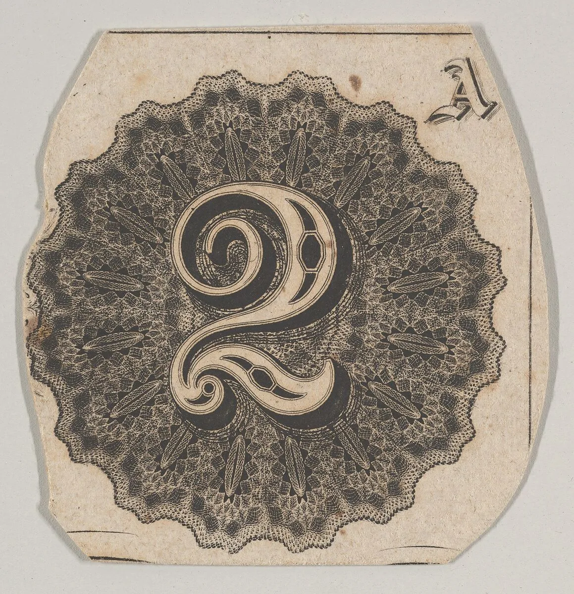 Banknote motif: number 2 against a circular panel of lathe work with a scalloped edge — A. B. & C. Durand & Company|Durand, Perkins, and Company|Cyrus Durand