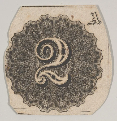 Banknote motif: number 2 against a circular panel of lathe work with a scalloped edge
