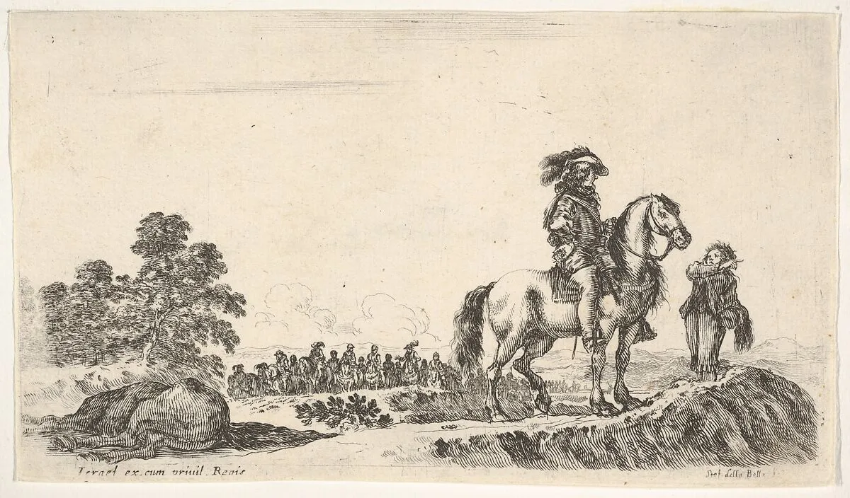A horseman facing right in profile asking a young man for directions, a dead horse to left, a group of horsemen to left in the background, from 'Various figures and lands' (Diverse figure e paesi) — Stefano della Bella|Israël Henriet