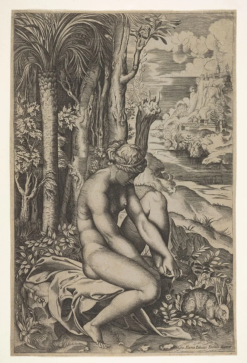 Venus removing a thorn from her left foot while seated on a cloth beside trees and foliage, a hare eating grass before her — Marco Dente|Raphael (Raffaello Sanzio or Santi)|Giovanni Marco Paluzzi