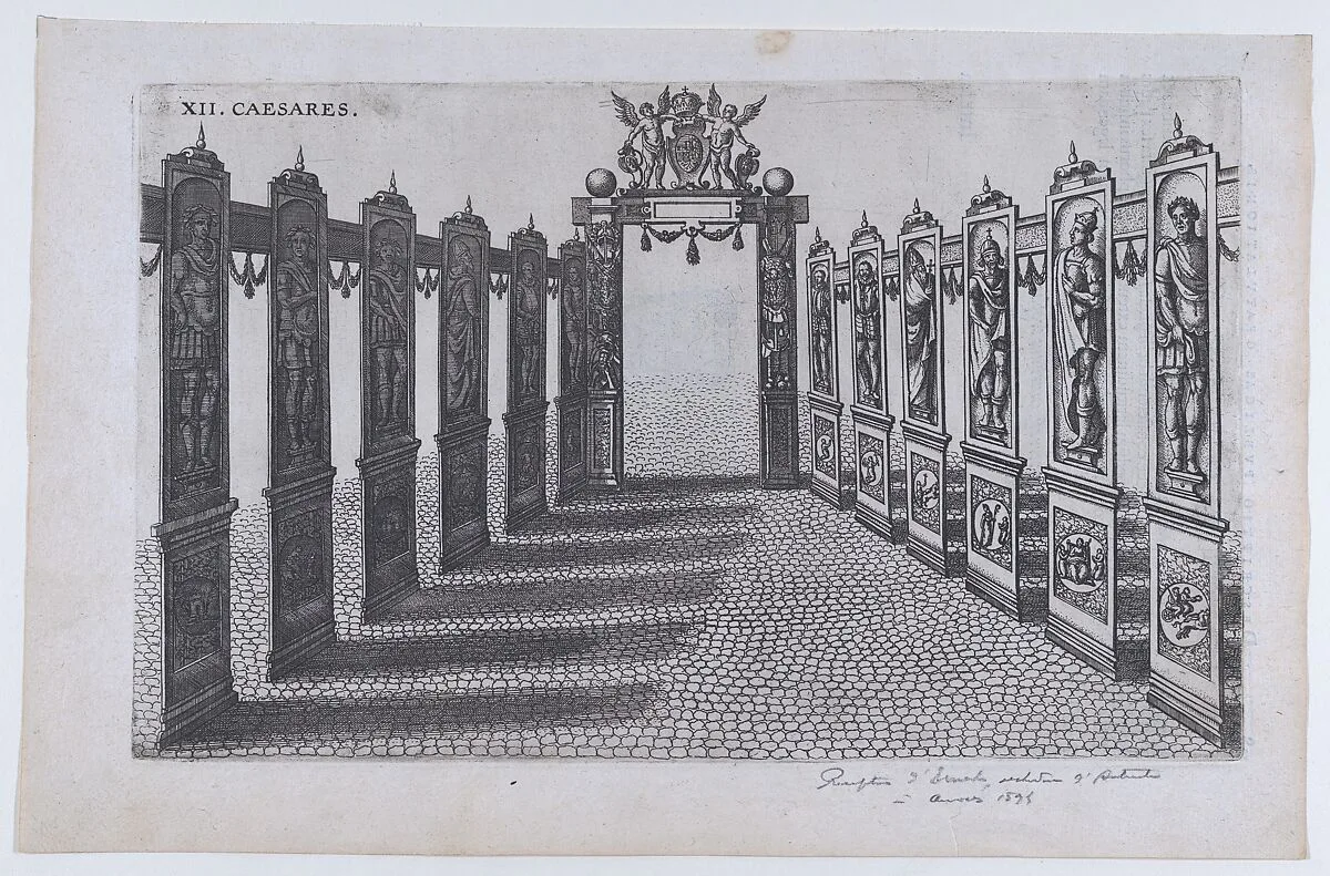 Plate XII: Caesares, from "Descriptio Publicae Gratulationis Spectaculorum et Ludorum, in Advent Sereniss" — Johannes Moretus|Peeter van der Borcht|Johannes Bochius