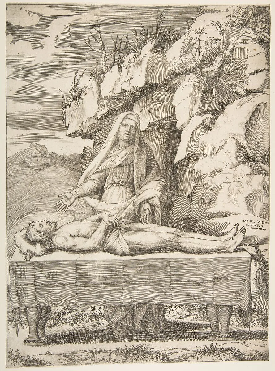 Pieta, Christ stretched out on a table in a landscape, the Virgin standing behind arms open — Giulio Bonasone|Raphael (Raffaello Sanzio or Santi)