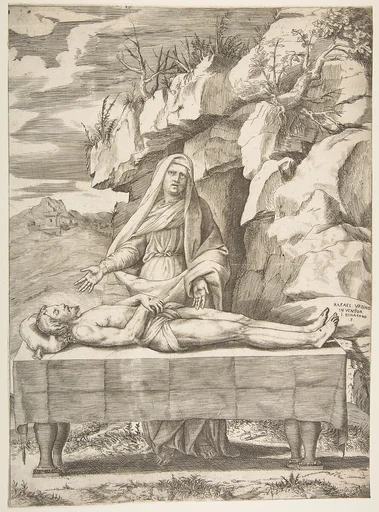 Pieta, Christ stretched out on a table in a landscape, the Virgin standing behind arms open