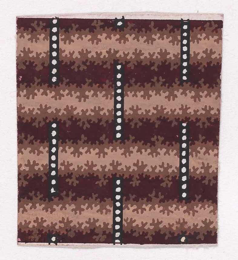 Textile Design with a Background of Stripes Framed by Garlands of Branches and Alternating Vertical Strings of Pearls — Anonymous, Alsatian, 19th century