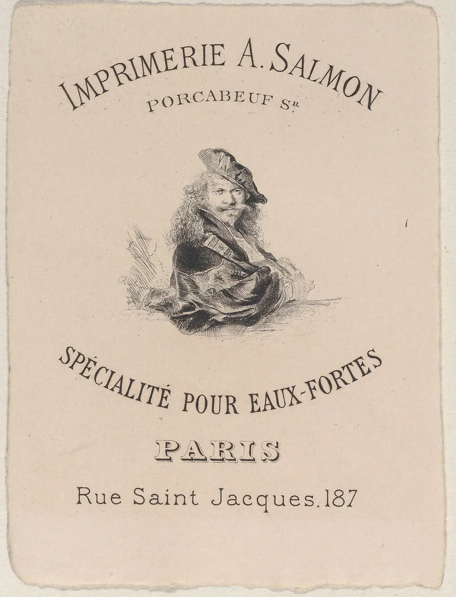 Trade Card for A. Salmon, Printer (Imprimeur) — Anonymous, French, 19th century|Auguste Porcabeuf|Rembrandt (Rembrandt van Rijn)