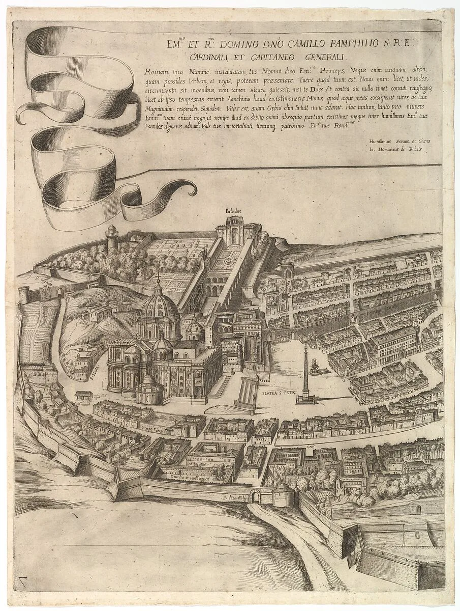 Plan of the City of Rome. Part 7 with a Dedication to Camillo Pamphili, the Vatican and Part of the City Wall — Giovanni Domenico de Rossi|Cardinal Camillo Pamphili|Antonio Tempesta