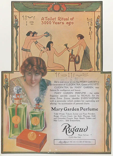 Advertisement for Mary Garden Perfume: "A Toilet Ritual of 3000 Years Ago" — Rigaud, Paris and New York
