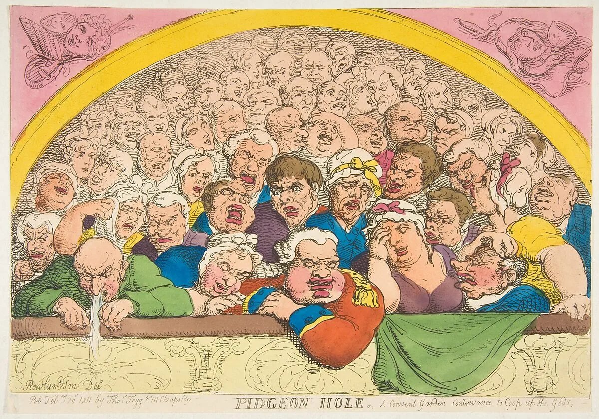 Pidgeon Hole. A Convent Garden Contrivance to Coop up the Gods — Thomas Rowlandson|Thomas Tegg