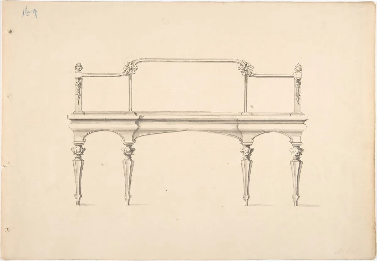 Design for a Mirrored Sideboard with Pointed Legs and Foliate Ornament — Anonymous, British, 19th century