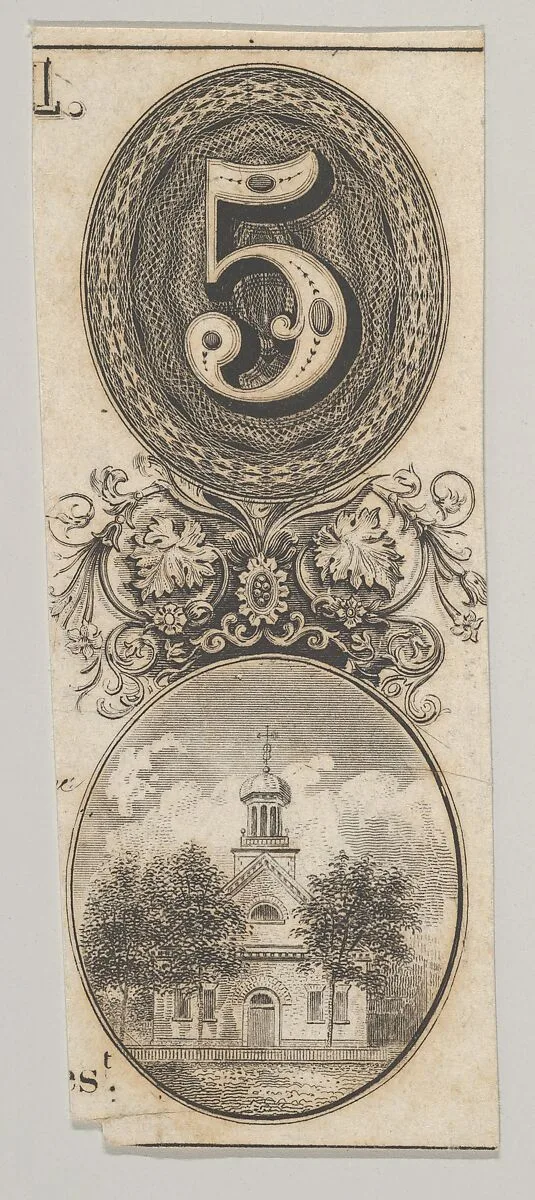 Banknote motifs: the number 5 and a building topped with a cupola — Asher Brown Durand|A. B. & C. Durand & Company|Durand, Perkins, and Company|Cyrus Durand