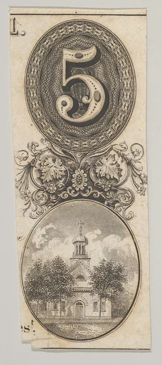 Banknote motifs: the number 5 and a building topped with a cupola