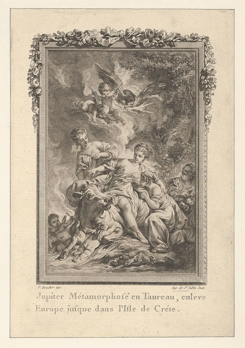 Vignette (Tome 1.er, page 164, lib. II, fab. 15), Jupiter Carries Europa Away, from Les Métamorphoses d'Ovide en Latin et en François de la traduction de M. l'Abbé Banier de l'Académie Royale des Inscriptions et Belles-Lettres. Avec des explications historiques. A Paris Chez Despilly rue saint Jacques à la croix d'or. MDCCLXVII. Avec Approbation et Privilège du Roi — Ovid|Abbé Banier|Chez Despilly|François Boucher|Augustin de Saint-Aubin