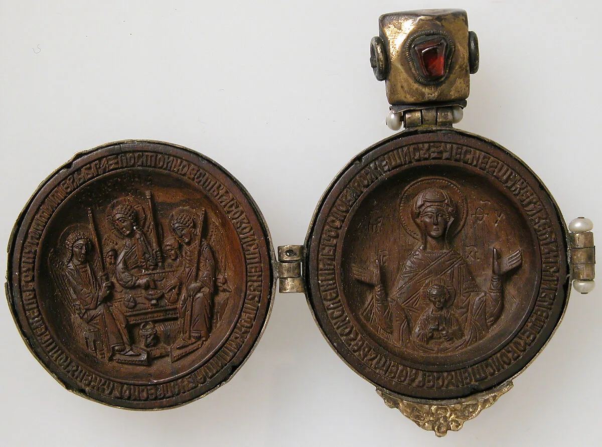 Panagiarion with the Virgin and Child and the Three Angels at Mamre (interior) and the Crucifixion and Three Church Fathers (exterior) — Unknown